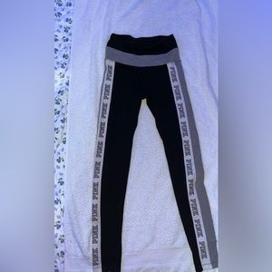 PINK Victorious Secret leggings with grey and white on the slides.